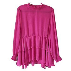 Torrid Top 3X Pink Babydoll Semi Sheer High Smocked NeckCuffs Long Sleeve Ruffle